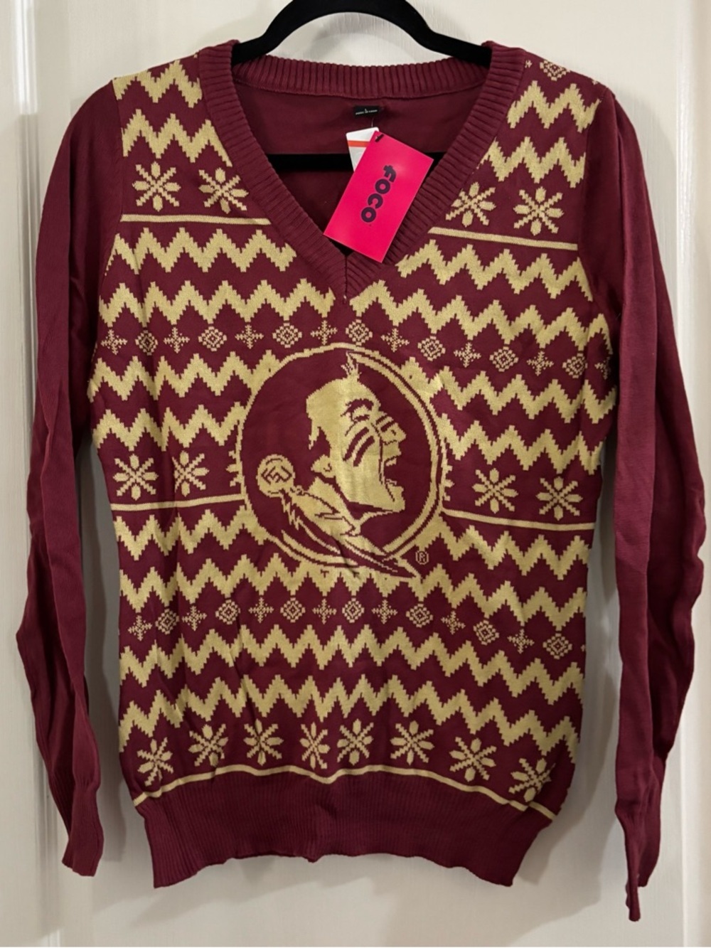 Men's FSU Garnet V-Neck Sweater with Gold Chevron & Logo Accent